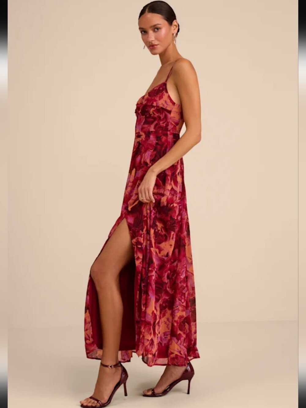 Lulus Beautiful Soul Burgundy Floral Print Twist-Front Maxi Dress - Picture 11 of 14